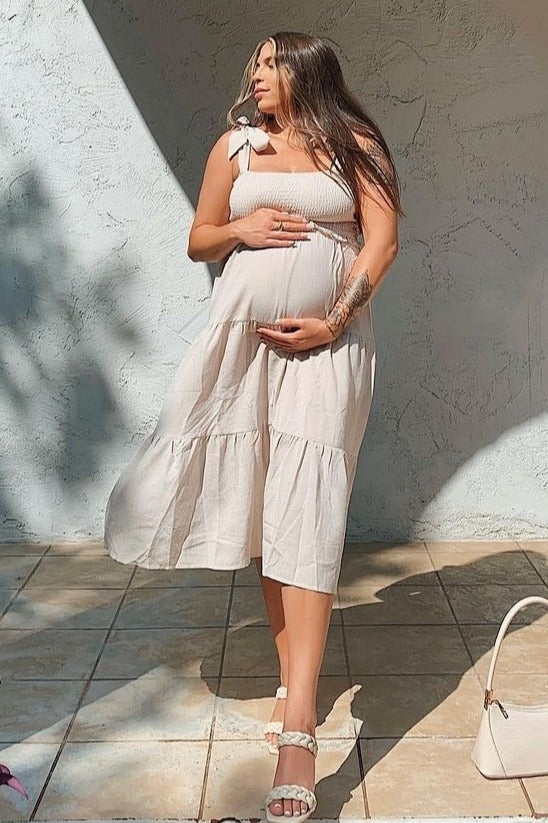 Beige Bow Strap Tiered Maternity Midi Dress