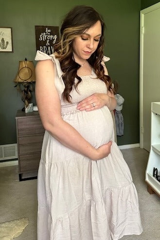 Beige Bow Strap Tiered Maternity Midi Dress