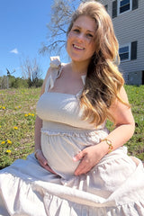 Beige Bow Strap Tiered Maternity Midi Dress