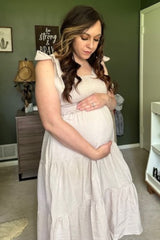 Beige Bow Strap Tiered Maternity Midi Dress