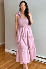 Mauve Bow Strap Tiered Midi Dress