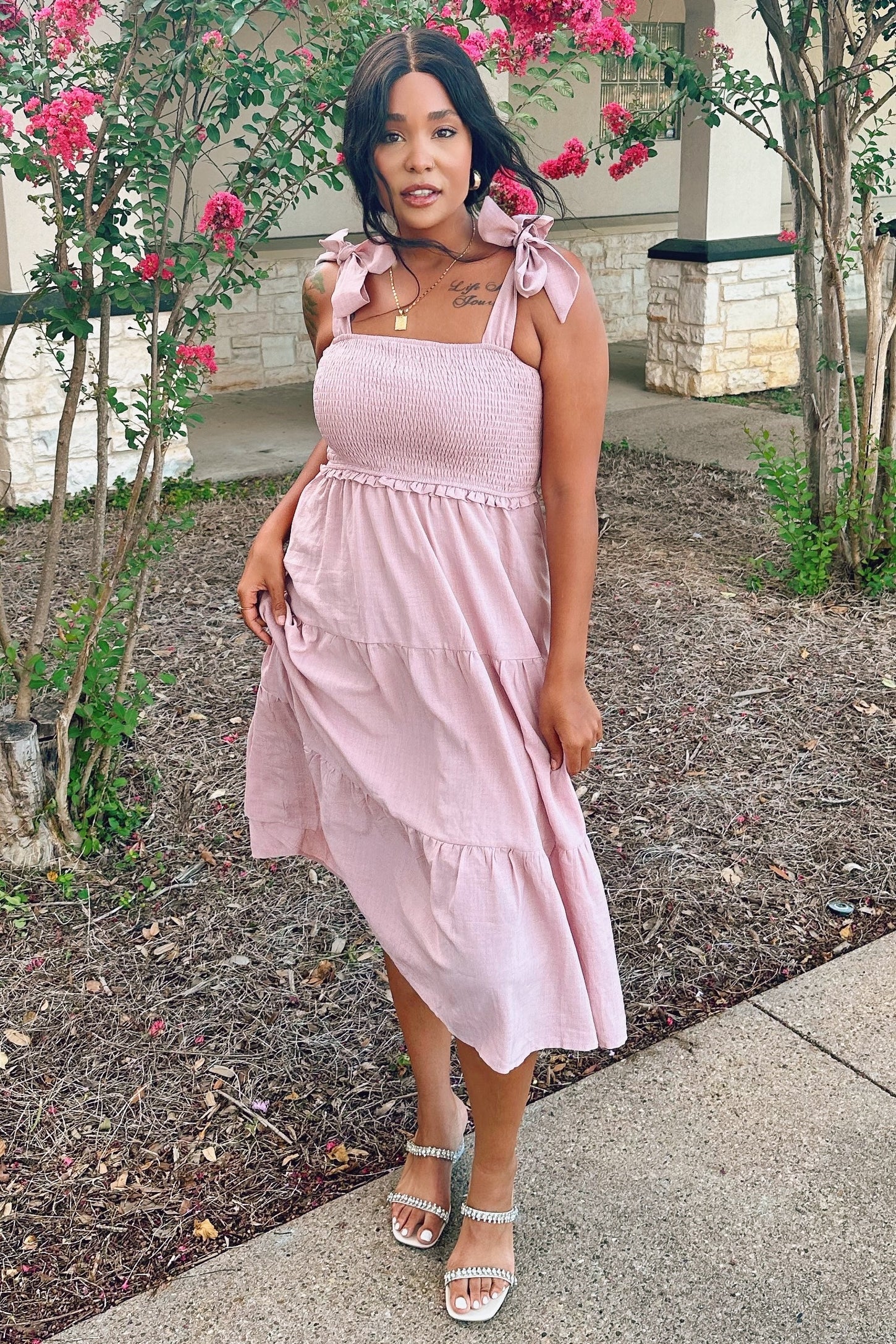 Mauve Bow Strap Tiered Midi Dress