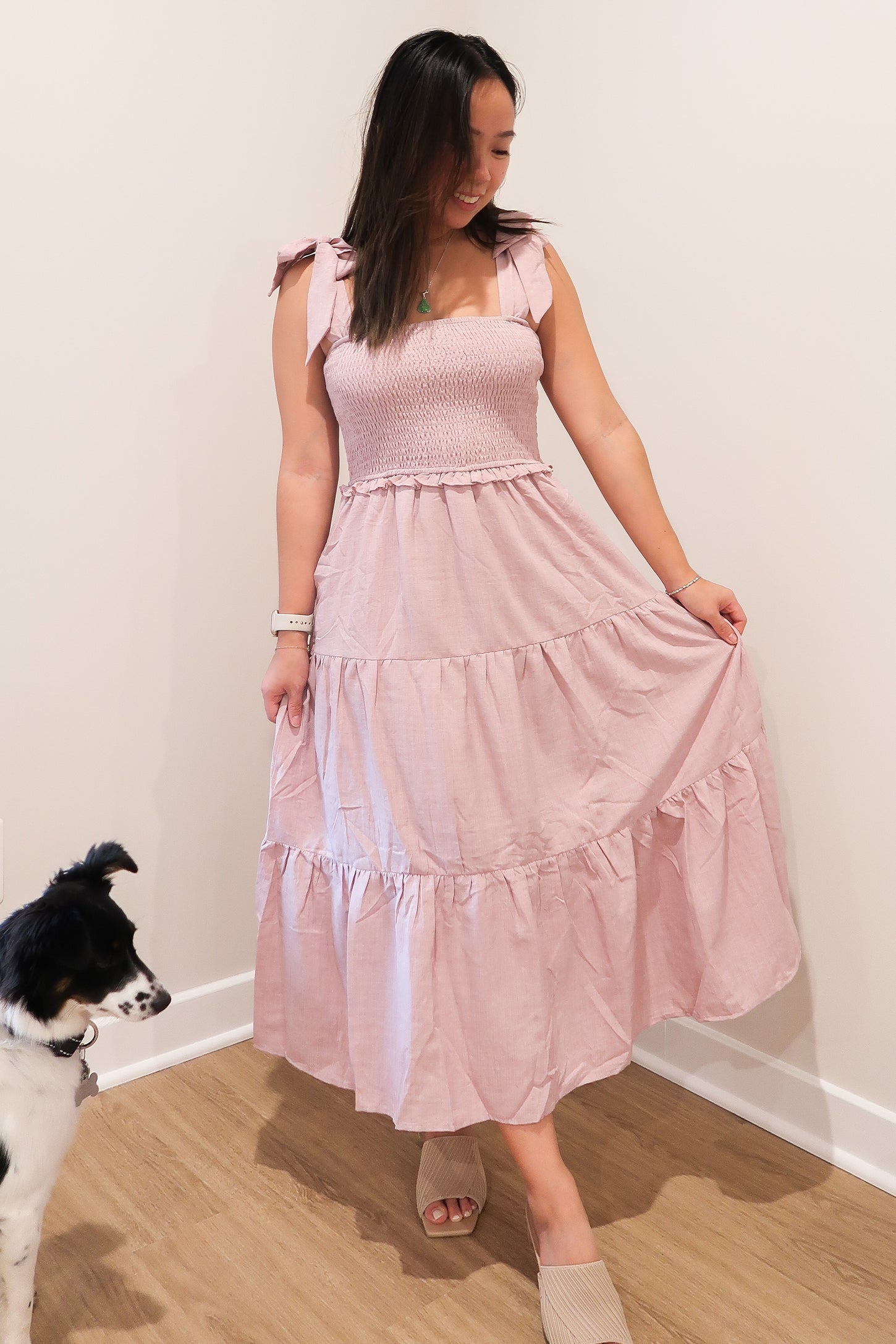 Mauve Bow Strap Tiered Midi Dress