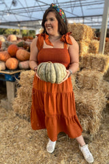 Rust Bow Strap Tiered Maternity Midi Dress