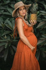 Rust Bow Strap Tiered Maternity Midi Dress