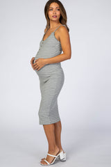 Heather Grey Striped Button Front Fitted Maternity Dress