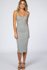 Heather Grey Striped Button Front Fitted Dress