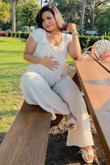 Beige Linen Maternity Overalls