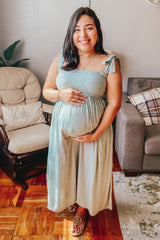 Mint Green Smocked Tie Strap Maternity Midi Dress