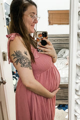 Pink Smocked Tie Strap Maternity Midi Dress