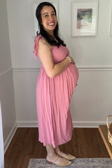 Pink Smocked Tie Strap Maternity Midi Dress