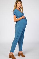 Blue Wrap Tie Maternity Jumpsuit