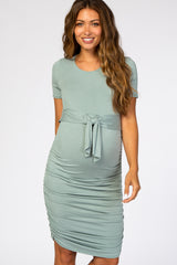 Dusty Olive Tie Waist Maternity Dress