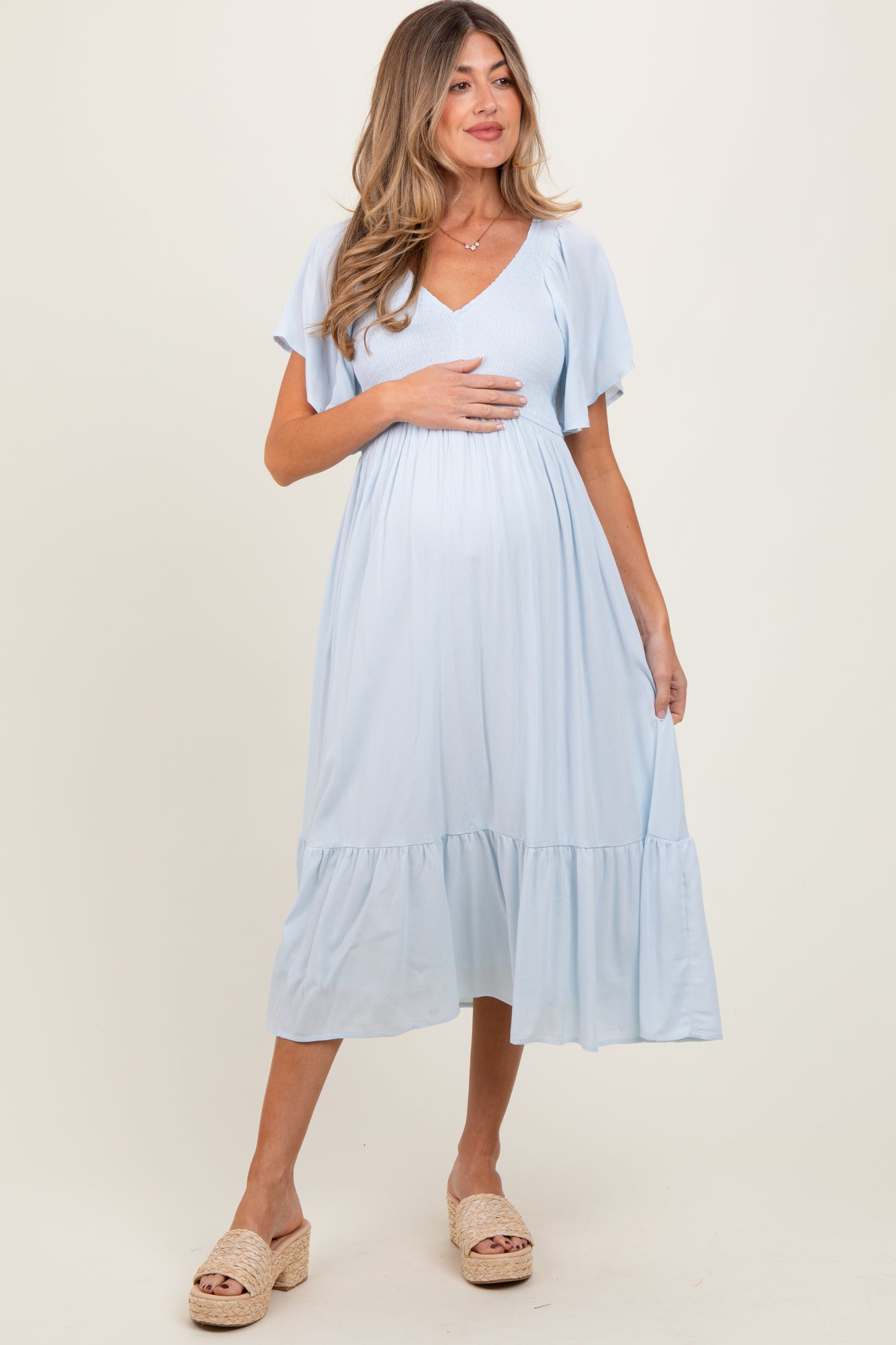 Light Blue Smocked Ruffle Maternity Dress