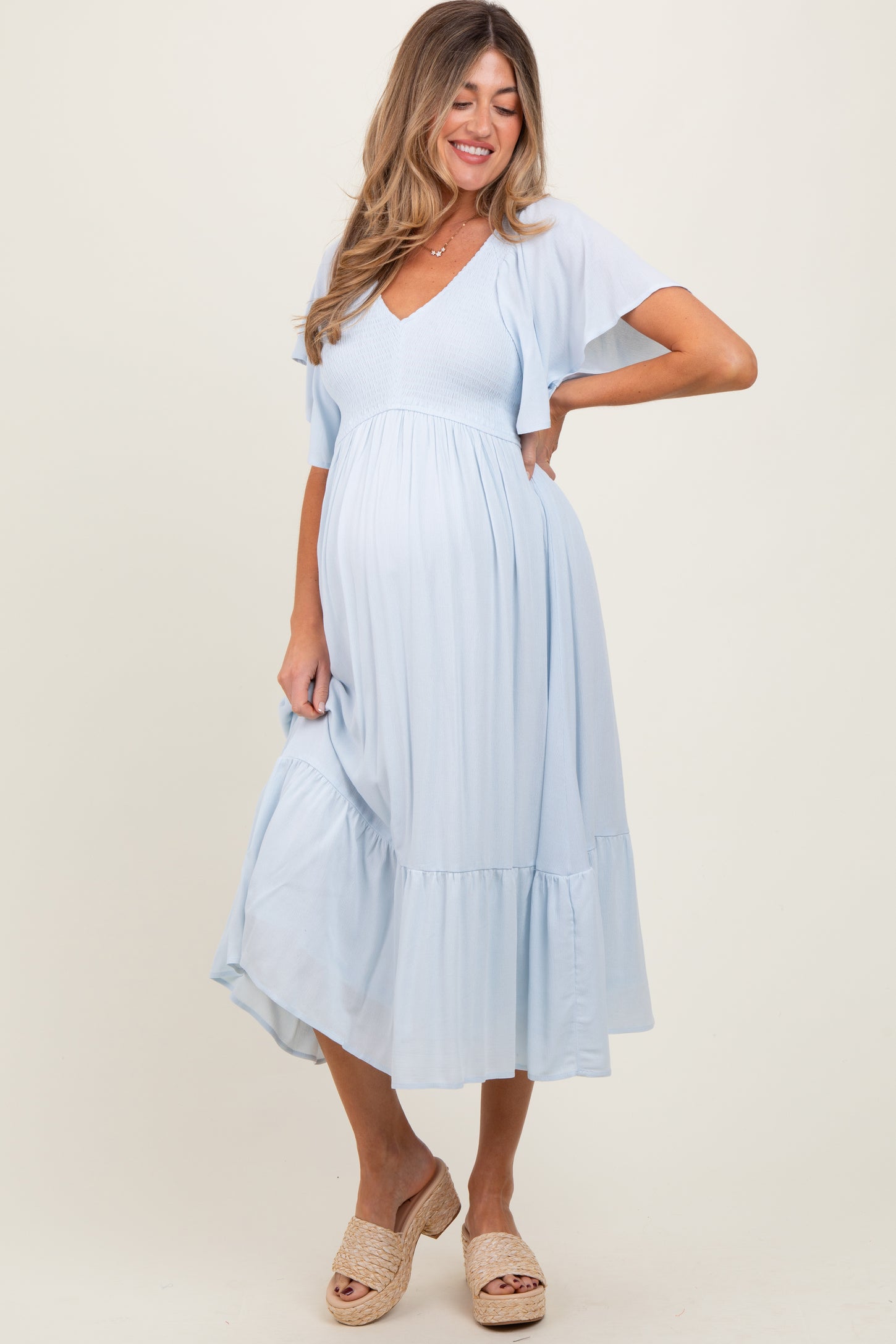 Light Blue Smocked Ruffle Maternity Dress