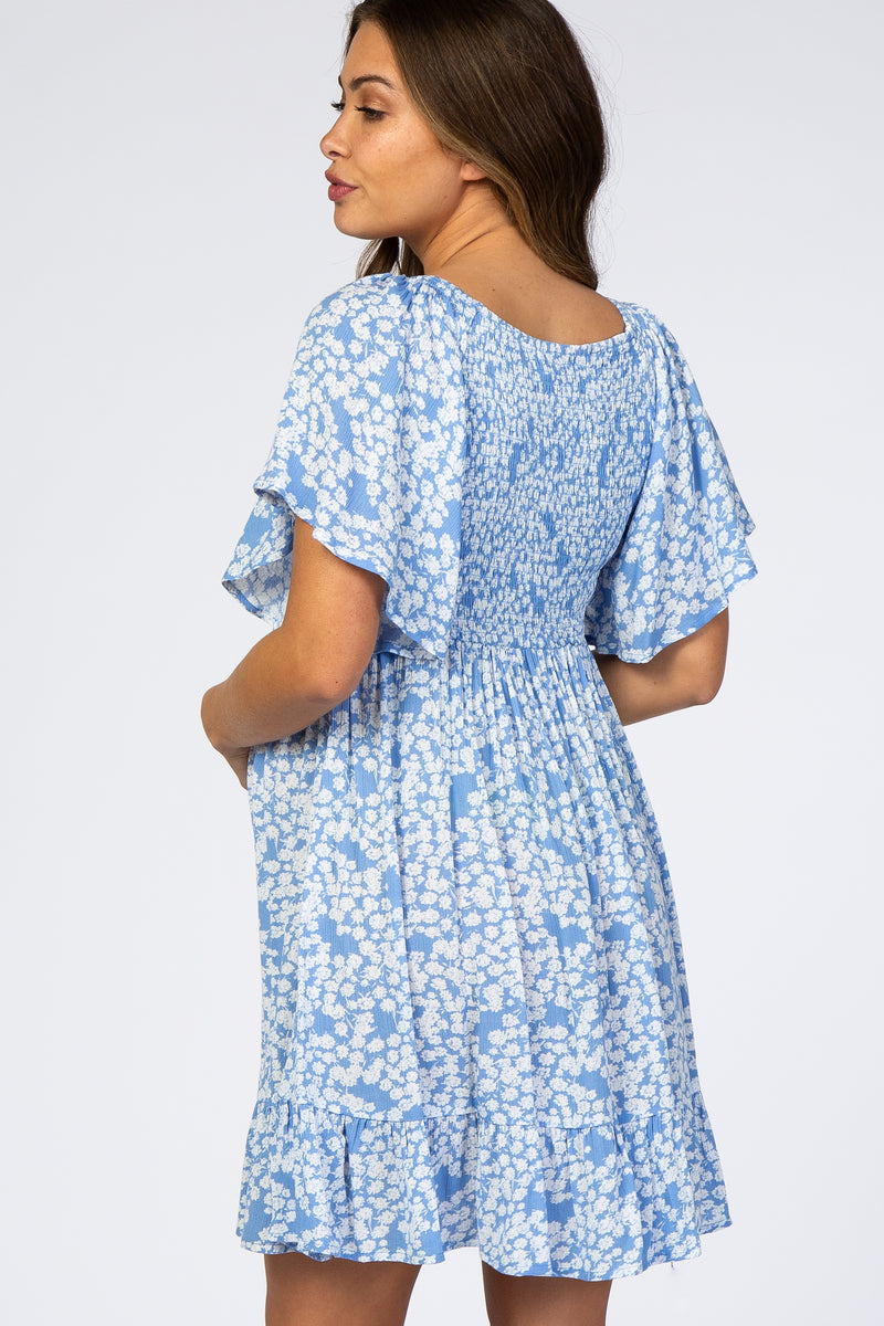 Blue Floral Smocked Ruffle Maternity Dress – PinkBlush
