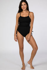 Black Ribbed Side Tie One-Piece Maternity Swimsuit