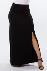 Black Foldover Side Slit Maxi Skirt