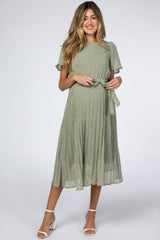Light Olive Leaf Print Pleated Maternity Midi Dress