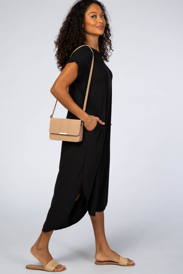 Black Ribbed Curved Hem Midi Dress