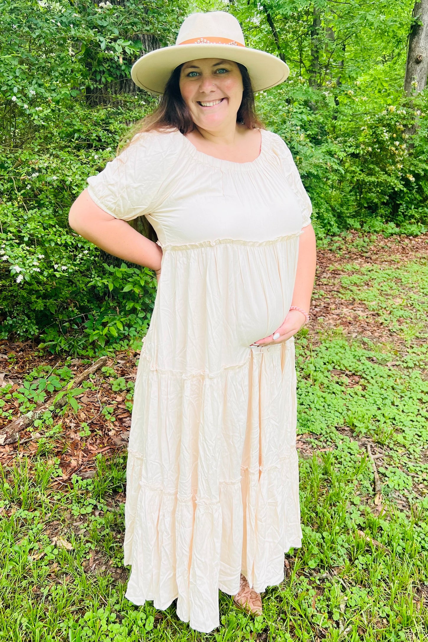 Cream Off Shoulder Ruffle Tiered Maternity Maxi Dress