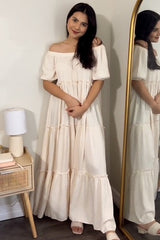 Cream Off Shoulder Ruffle Tiered Maxi Dress