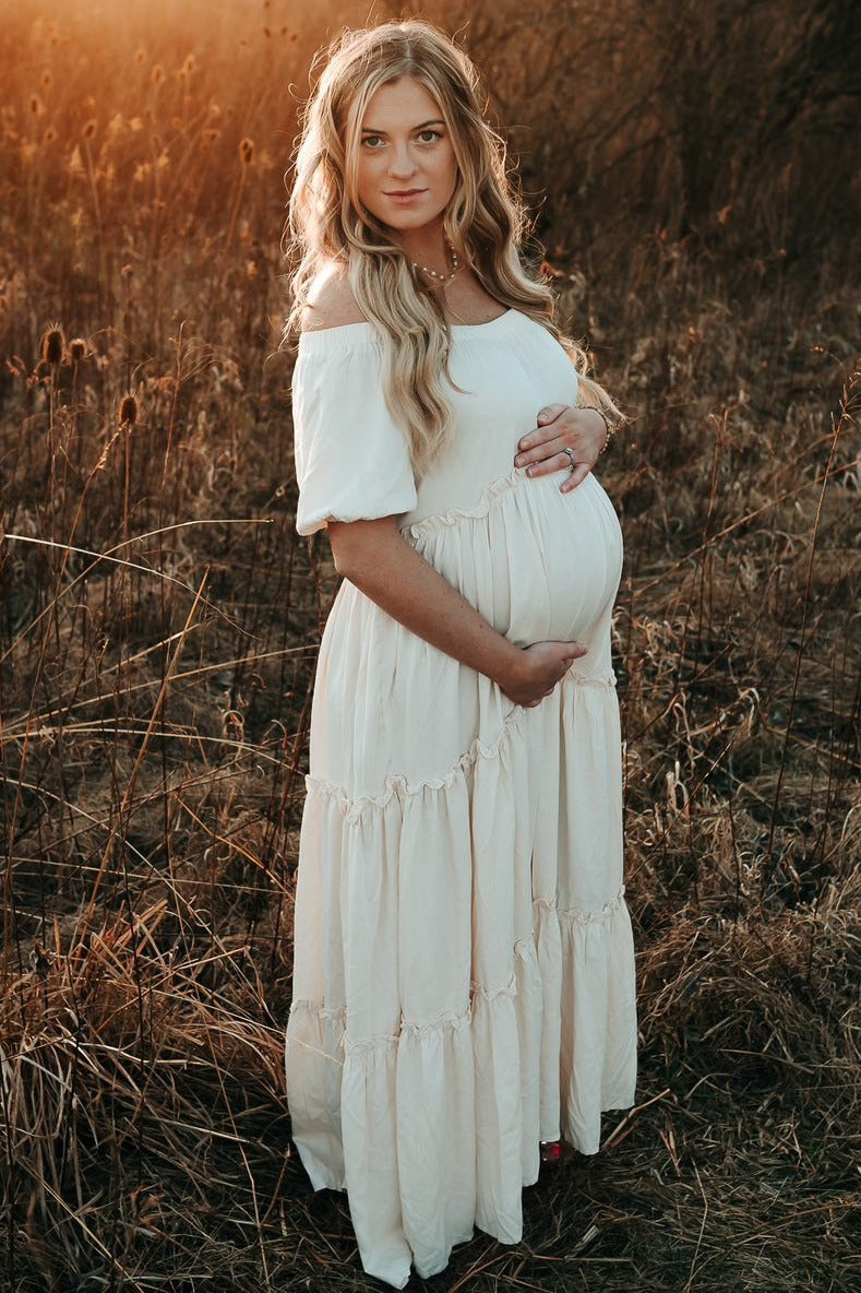 Cream Off Shoulder Ruffle Tiered Maternity Maxi Dress