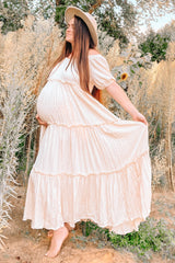 Cream Off Shoulder Ruffle Tiered Maternity Maxi Dress