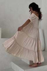 Cream Off Shoulder Ruffle Tiered Maxi Dress
