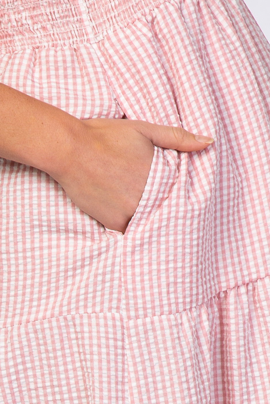 Pink Checkered Tiered Maternity Midi Dress