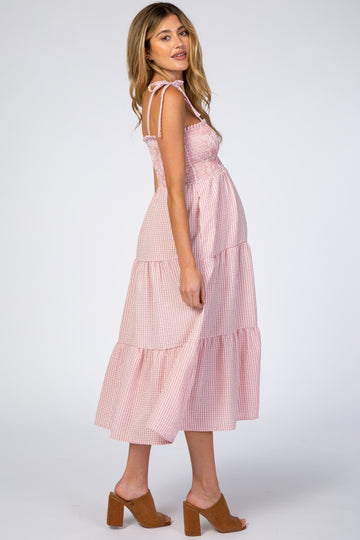 Pink Checkered Tiered Maternity Midi Dress