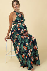 Navy Blue Palm Print Cross Back Maternity Maxi Dress