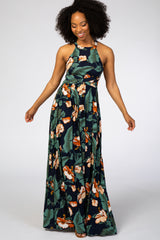 Navy Blue Palm Print Cross Back Maternity Maxi Dress