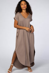 Taupe Side Slit Maternity Maxi Dress