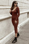Mocha V-Neck Long Sleeve Fitted Maxi Dress