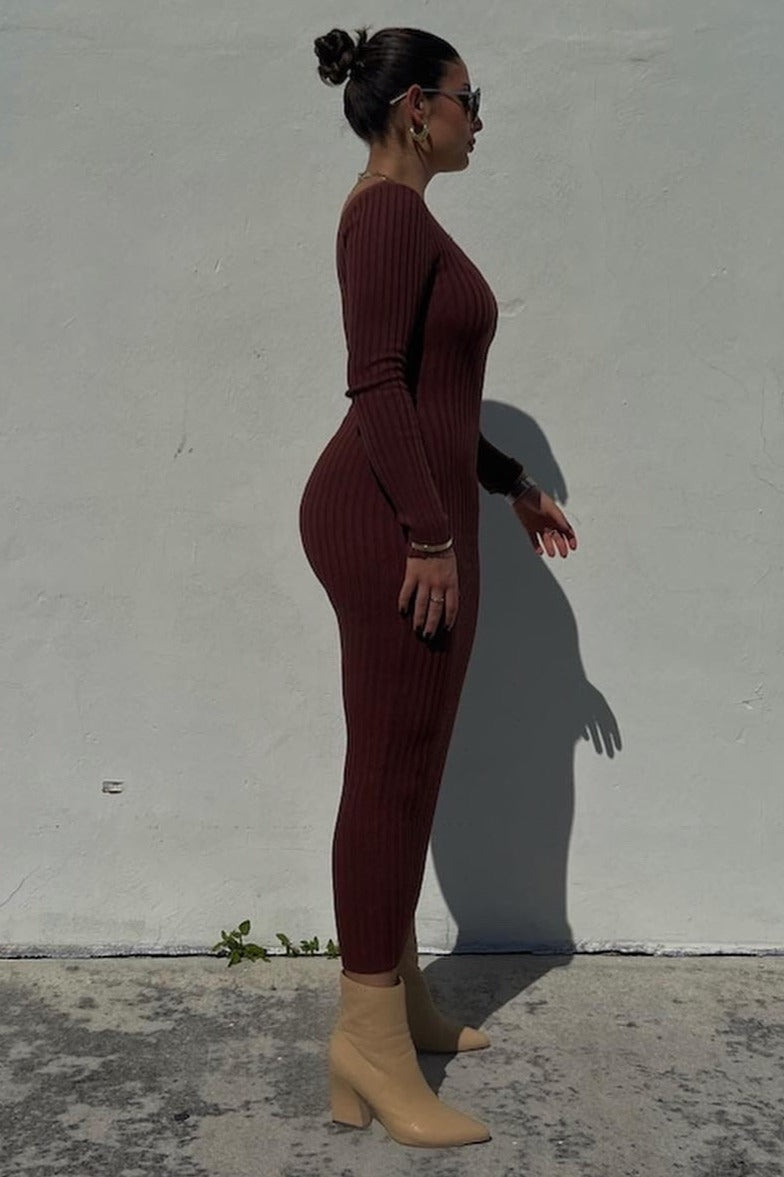 Mocha V-Neck Long Sleeve Fitted Maxi Dress