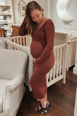 Mocha V-Neck Long Sleeve Fitted Maternity Maxi Dress