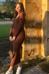 Mocha V-Neck Long Sleeve Fitted Maternity Maxi Dress