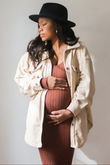 Mocha V-Neck Long Sleeve Fitted Maternity Maxi Dress