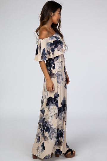 Taupe Navy Floral Off Shoulder Maxi Dress