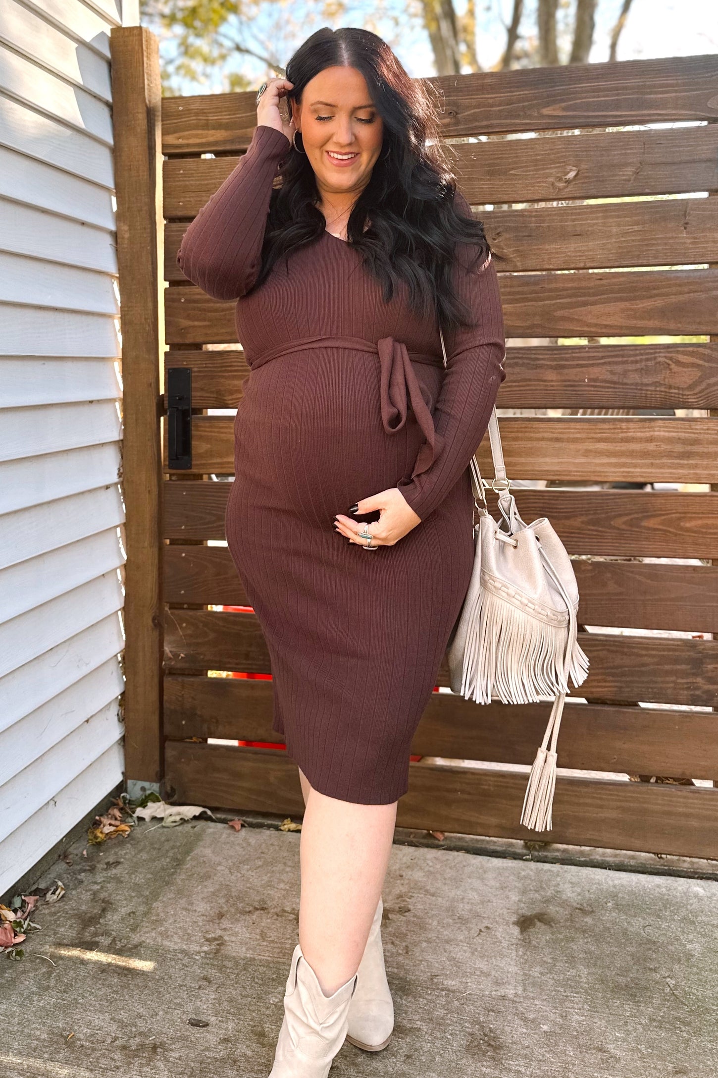 Brown Tie Front Maternity Sweater Midi Dress