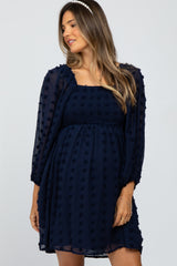 Navy Textured Dot Smocked Square Neck Chiffon Maternity Dress