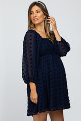 Navy Textured Dot Smocked Square Neck Chiffon Maternity Dress
