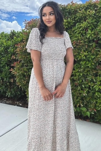 Ivory Floral Smocked Maxi Dress