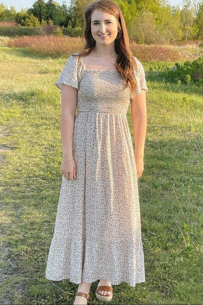 Ivory Floral Smocked Maxi Dress