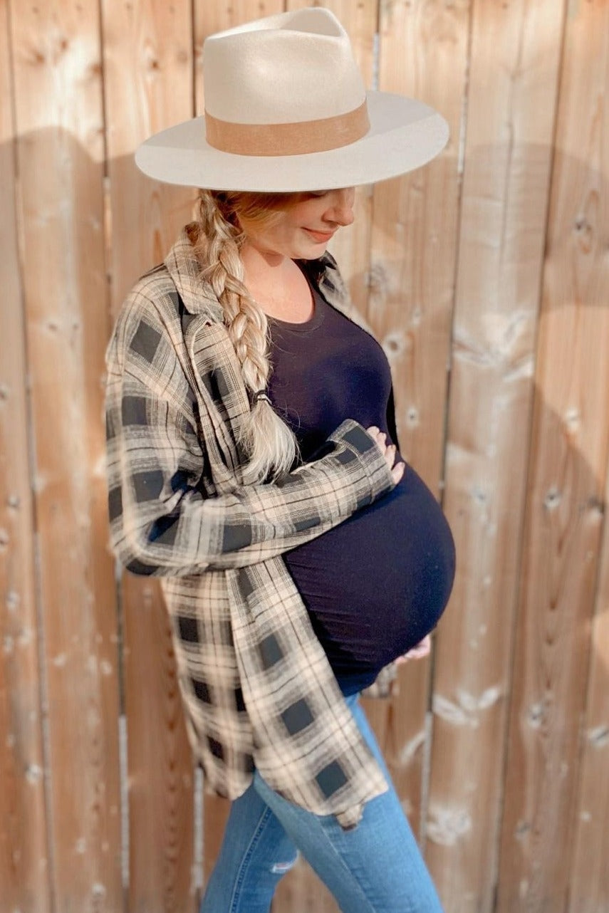 Taupe Black Plaid Button Down Maternity Top