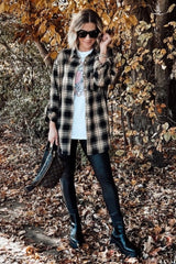 Taupe Black Plaid Button Down Top