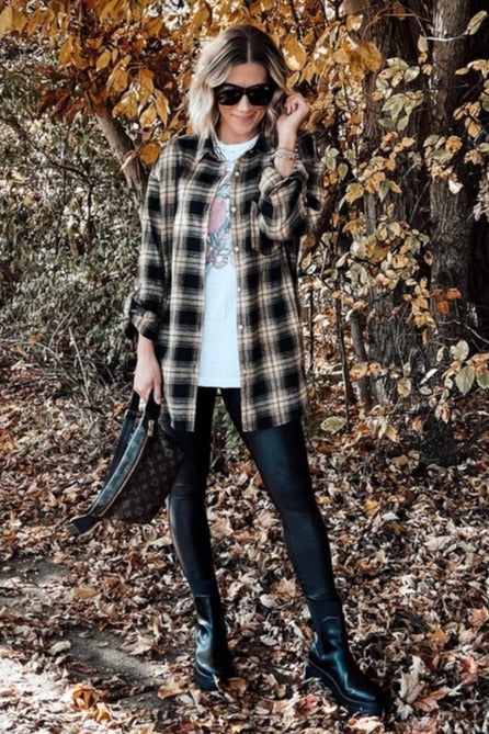 Taupe Black Plaid Button Down Top