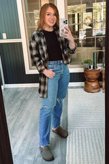 Taupe Black Plaid Button Down Top