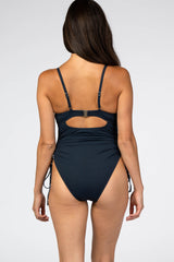 Navy Ribbed Side Tie One-Piece Swimsuit